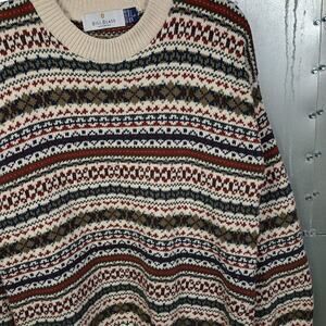Bill Blass Vintage 90s Grandpa Cotton Knit Sweater Large Fair Isle Style Jumper